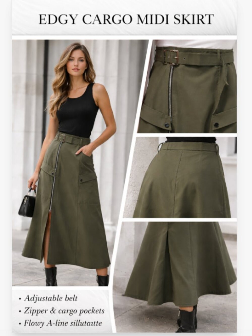 Olive Green Cargo Midi Skirt High Waist Belted A-Line Utility Style Size M